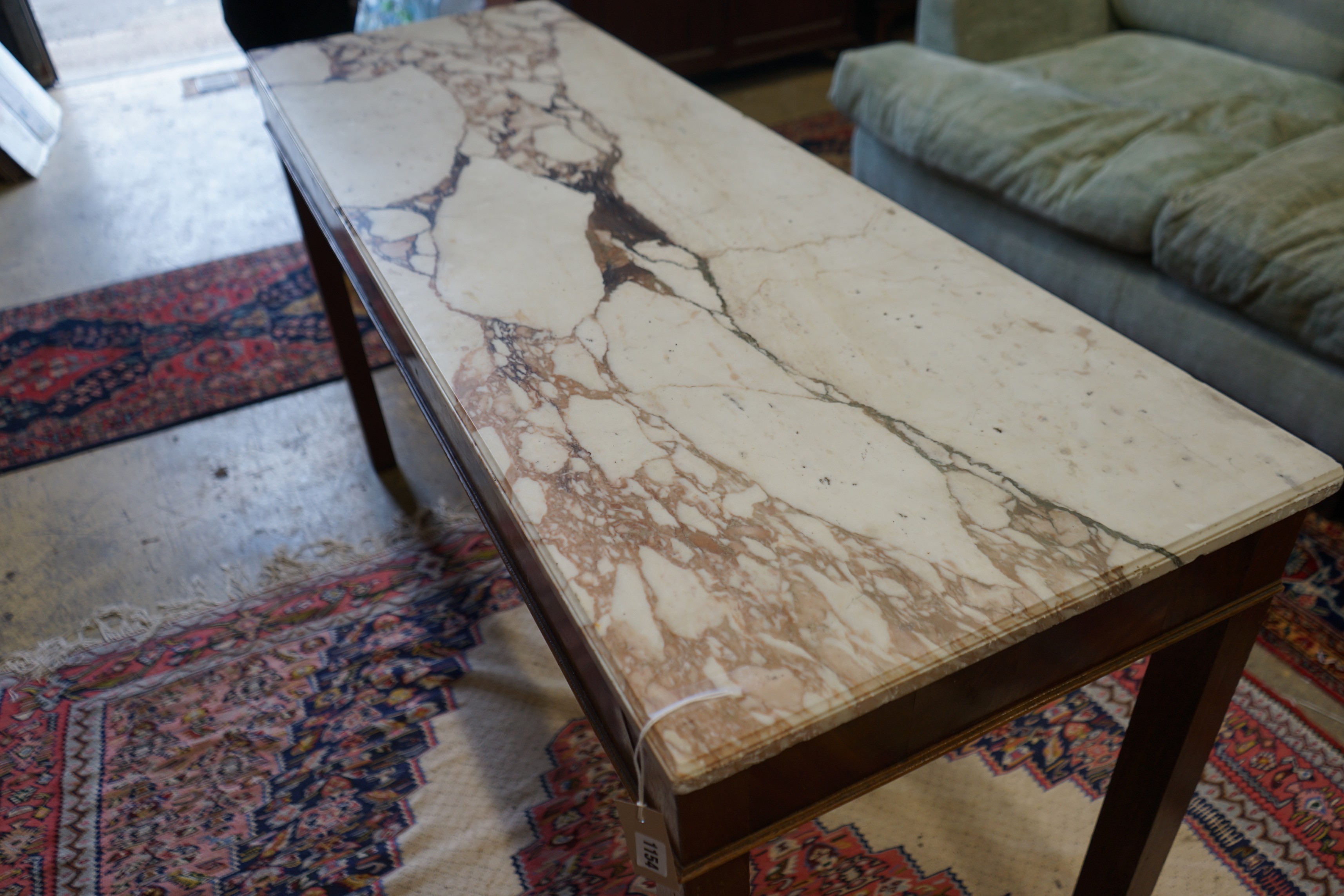 A George III style mahogany marble topped console table, width 164cm, depth 55cm, height 86cm